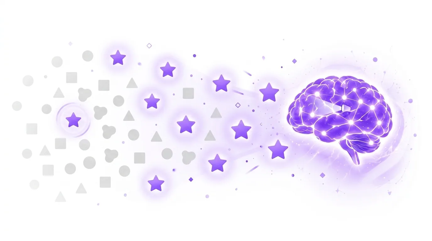 The Baader-Meinhof phenomenon, illustrated: faint grey shapes with one type suddenly glowing violet and appearing everywhere, flowing into a glowing violet brain, showing the frequency illusion