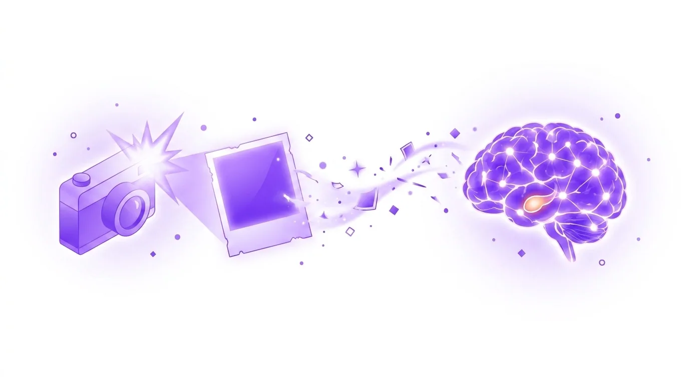 A flashbulb memory, illustrated: a camera flash freezing a frayed imperfect snapshot of a moment, with sparks flowing into a glowing violet brain and the amygdala lit up
