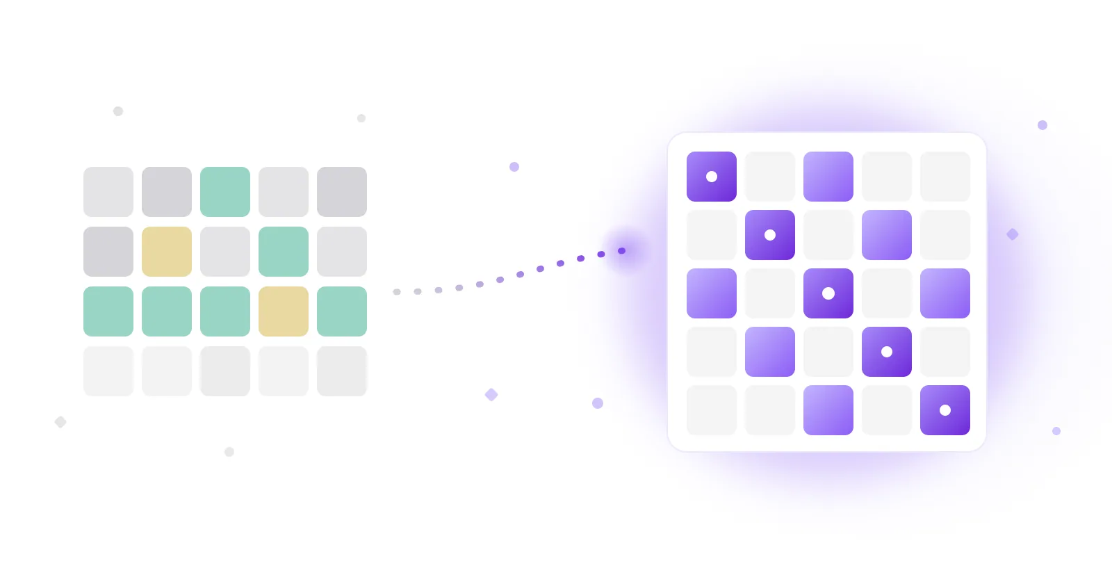 Wordle-style letter tiles connected by a dotted path to a glowing violet Blanked memory grid