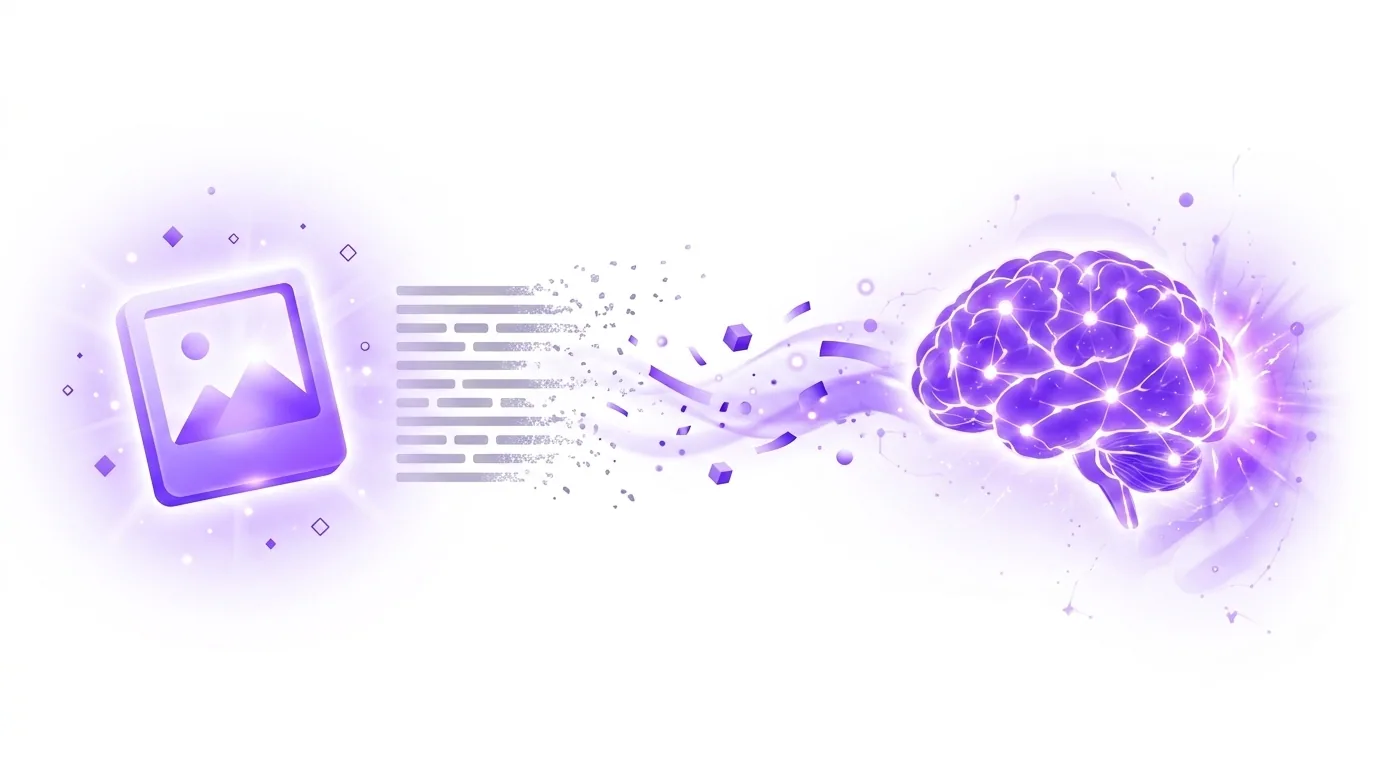 The picture superiority effect, illustrated: a bright glowing image icon remembered clearly while a block of text fades away, flowing into a glowing violet brain