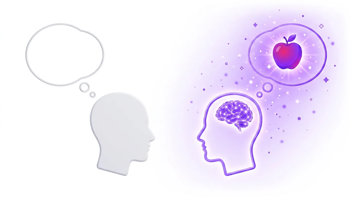 Illustration of aphantasia: a grey head profile with an empty thought bubble beside a glowing violet head profile imagining a vivid apple