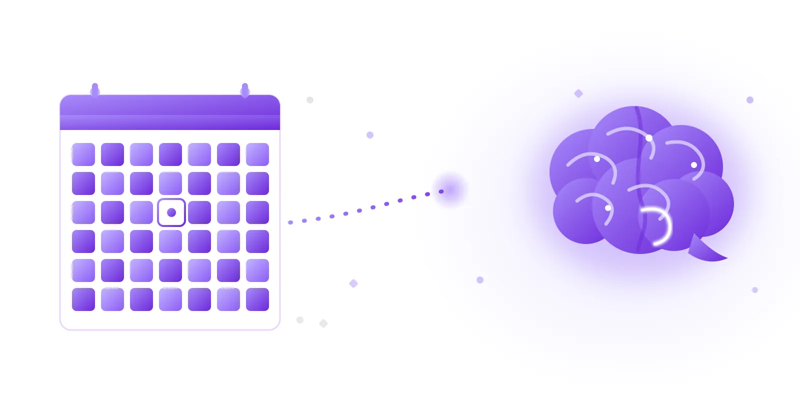 What hyperthymesia looks like, illustrated: a calendar with every day remembered and one date recalled in full, flowing into a glowing violet brain with the caudate nucleus highlighted