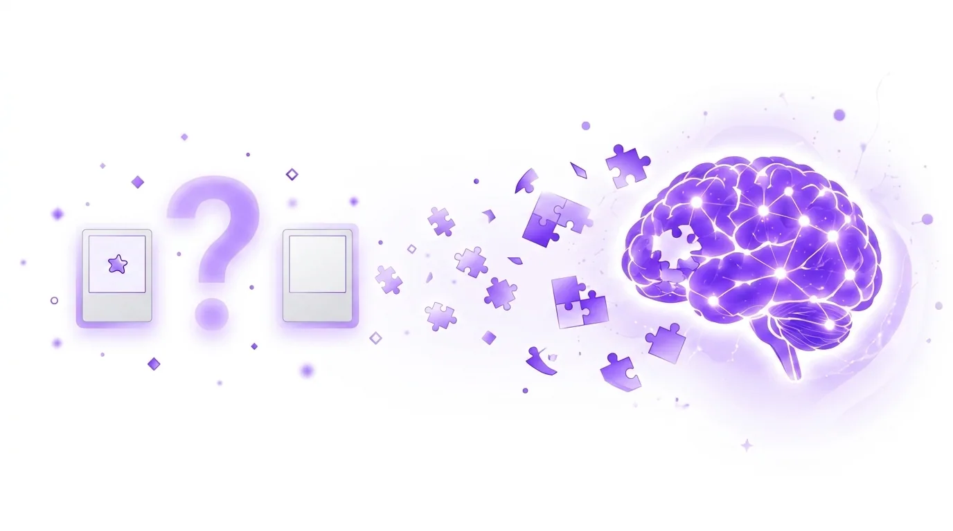 The Mandela effect, illustrated: two nearly identical memory frames with a question mark between them and violet puzzle pieces drifting into a glowing brain missing a piece, showing how false memories form