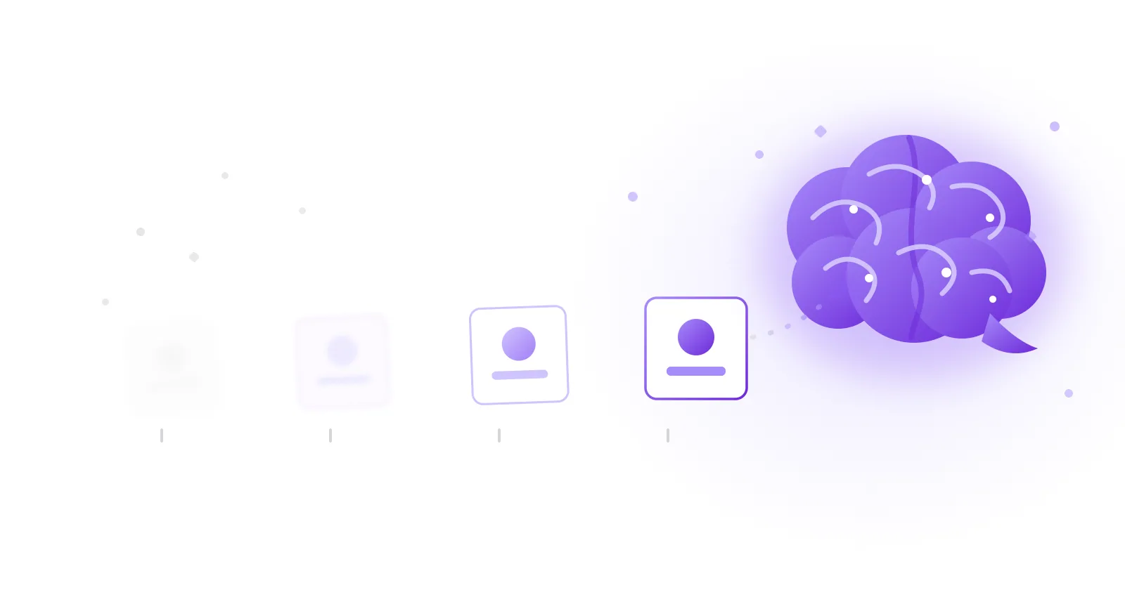 A timeline of memory cards resolving from faded grey in early childhood to sharp violet, flowing into a glowing brain