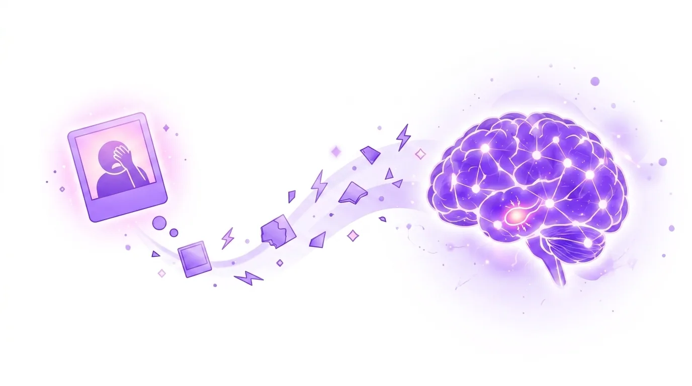 Why we cringe at old memories, illustrated: a framed embarrassing moment with a cringing figure sending memory sparks into a glowing violet brain with the amygdala lit up