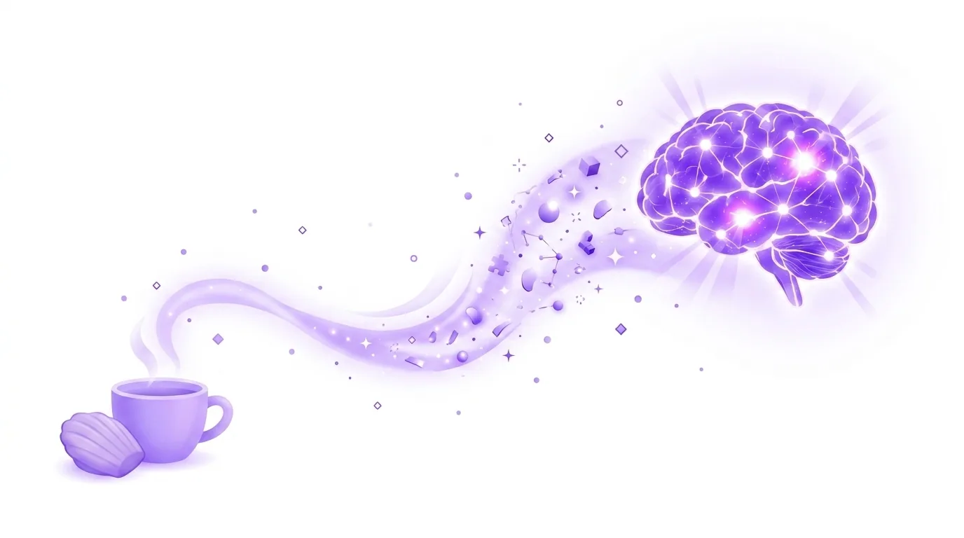 Why smells trigger memories, illustrated: a cup of tea and a madeleine with a scent trail carrying glowing memory fragments into a bright violet brain