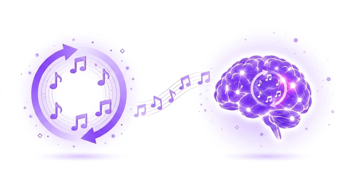 Why songs get stuck in your head, illustrated: musical notes looping on a circular arrow and flowing into a glowing violet brain with a note-loop spinning inside it