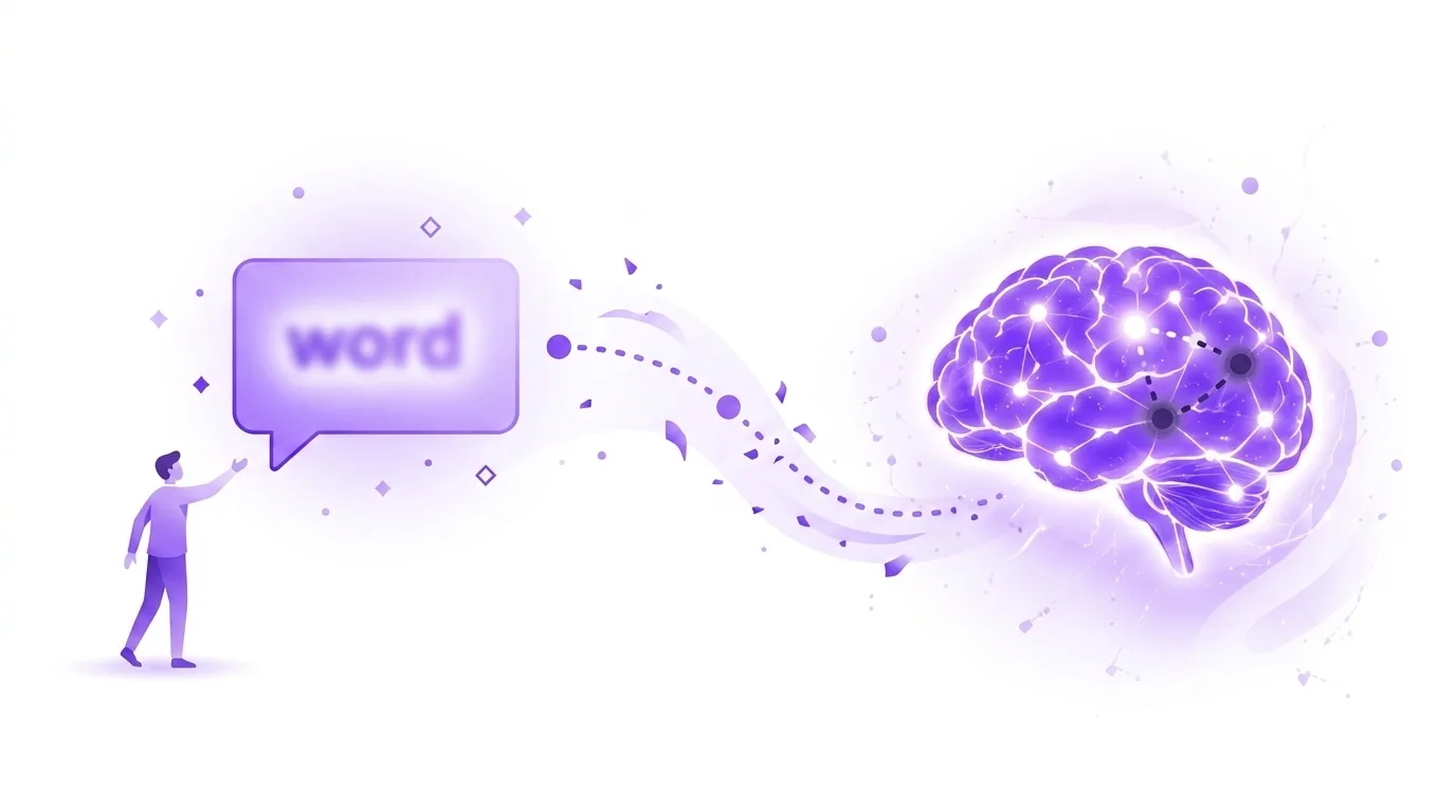 Why words get stuck on the tip of your tongue, illustrated: a person reaching for a hazy out-of-reach word in a speech bubble with a broken connection to a glowing violet brain