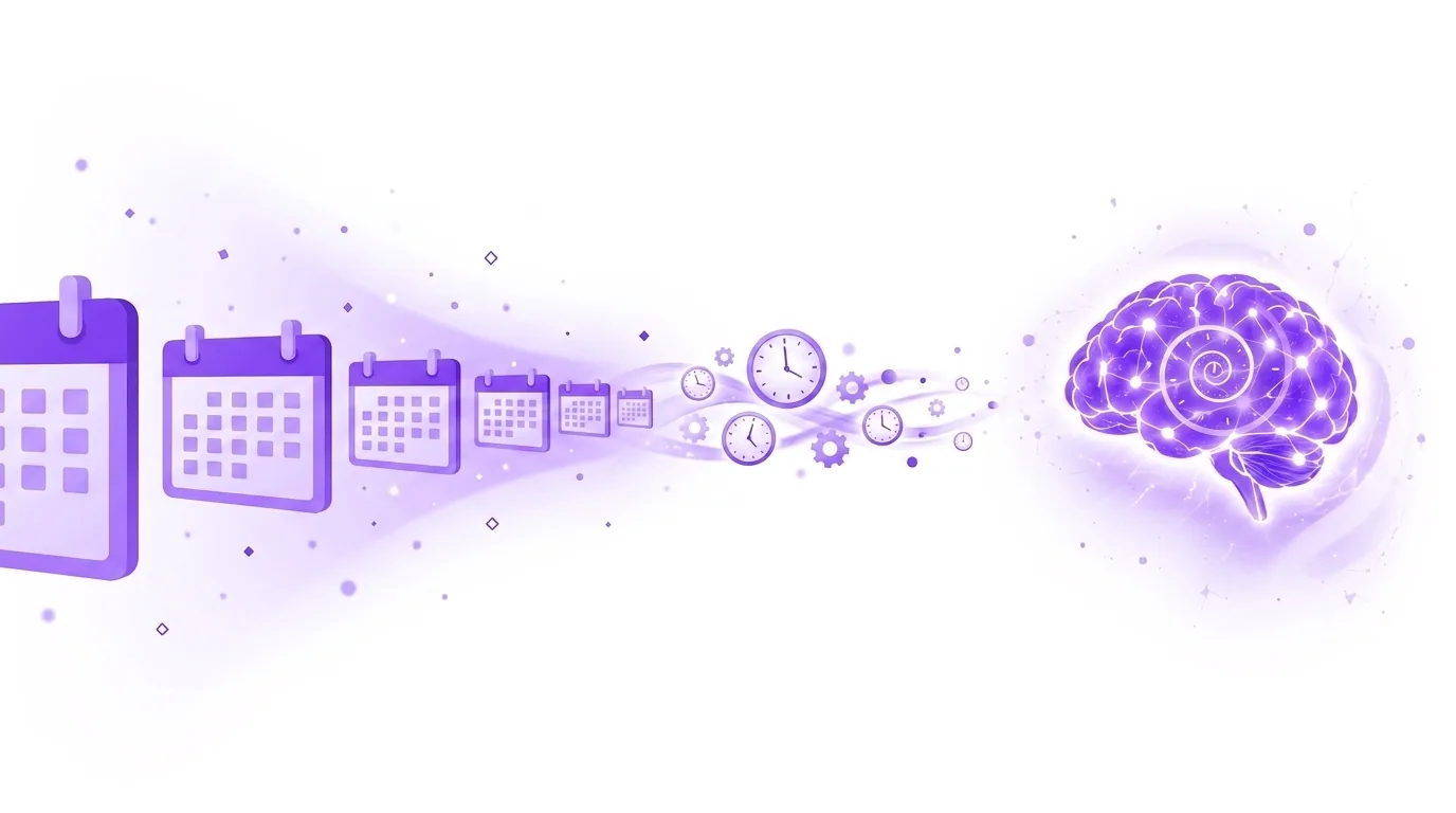 Why time goes faster as you get older, illustrated: calendar years shrinking and speeding up alongside clocks flowing into a glowing violet brain with a time spiral inside